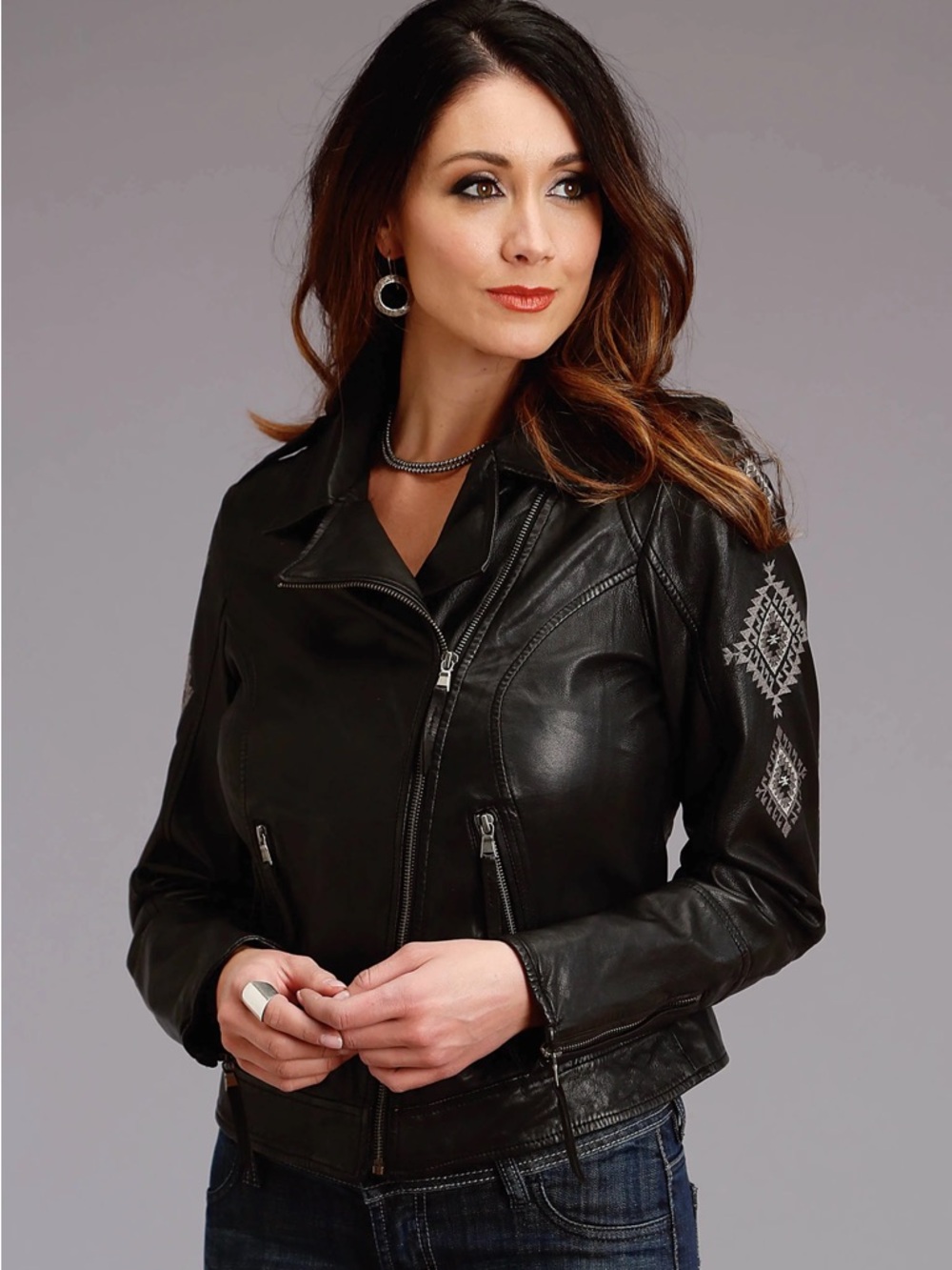 Stetson Embroidered Black Leather Motorcycle Jacket